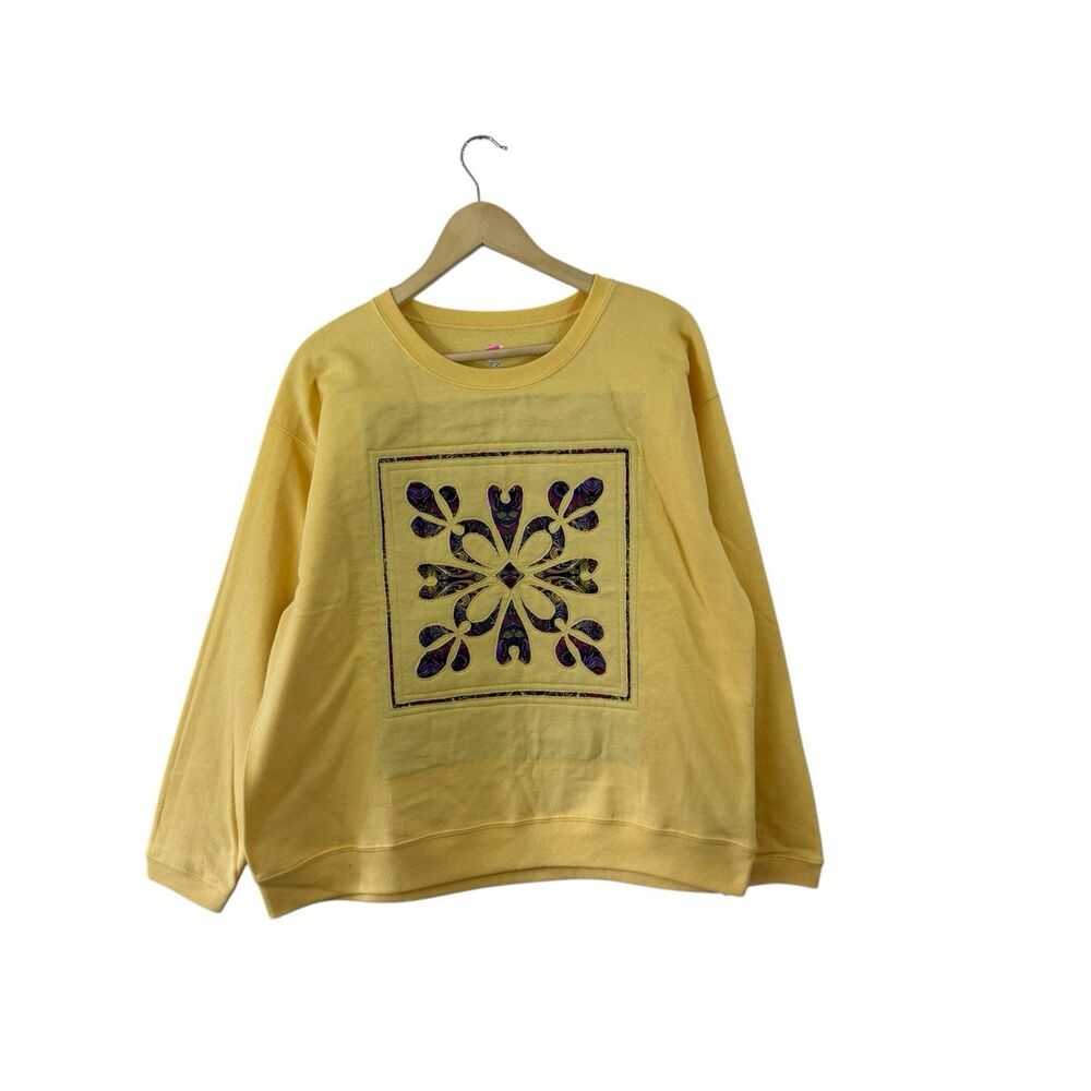 Hand Quilted Large Sweatshirt Yellow Pullover Hanes Cotton Blend Womens READ